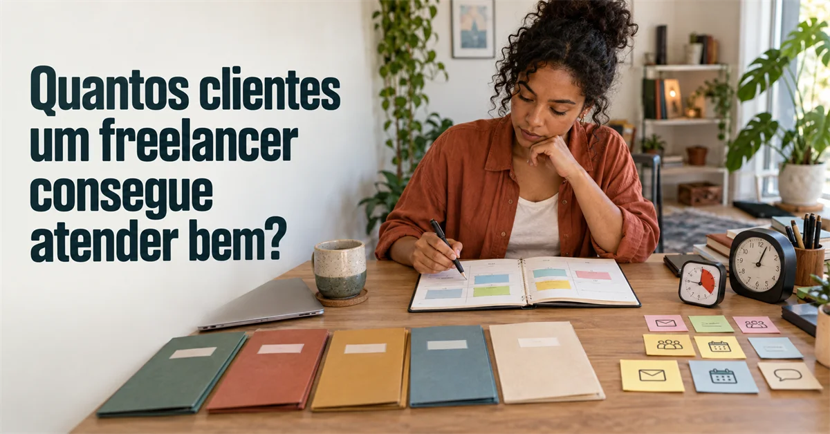 Mulher organiza uma agenda colorida por cliente, cercada por pastas identificadas e notas adesivas com ícones de tarefas