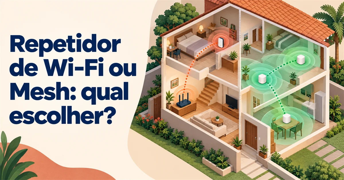Corte de uma casa de dois andares comparando o sinal Wi-Fi fraco de um repetidor, em vermelho, com a cobertura de uma rede mesh, em verde