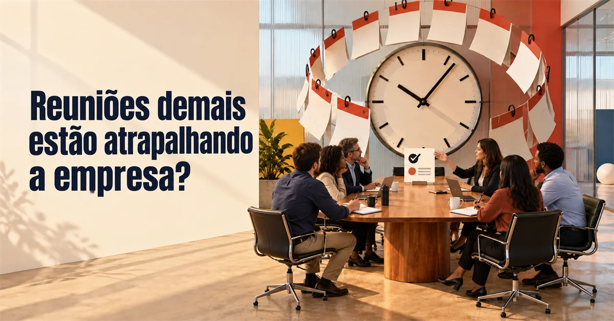 Sala de reunião com um relógio gigante enrolado em folhas de agenda, cercado por uma equipe discutindo em volta da mesa