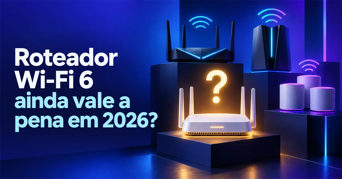 Três roteadores em pedestais com luzes neon exibem símbolos de Wi-Fi, com um grande ponto de interrogação iluminado sobre o modelo central