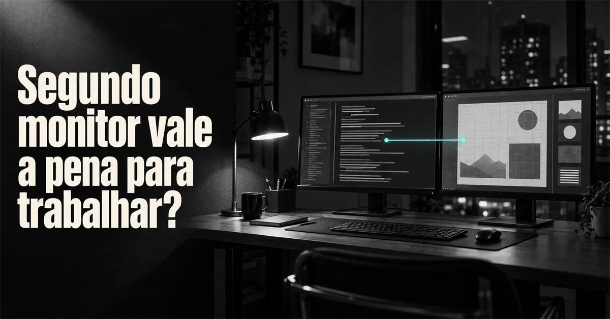 Mesa de trabalho escura à noite com dois monitores lado a lado exibindo código e um quadro de imagens