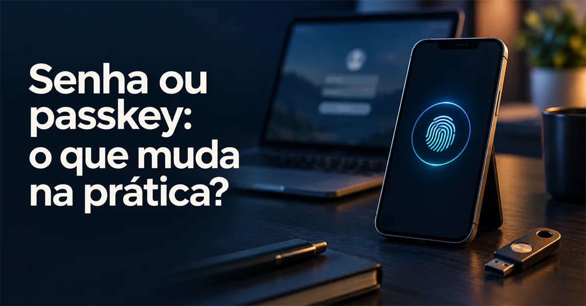 Celular em suporte exibe uma digital luminosa de desbloqueio, com notebook ao fundo e uma chave de segurança USB ao lado
