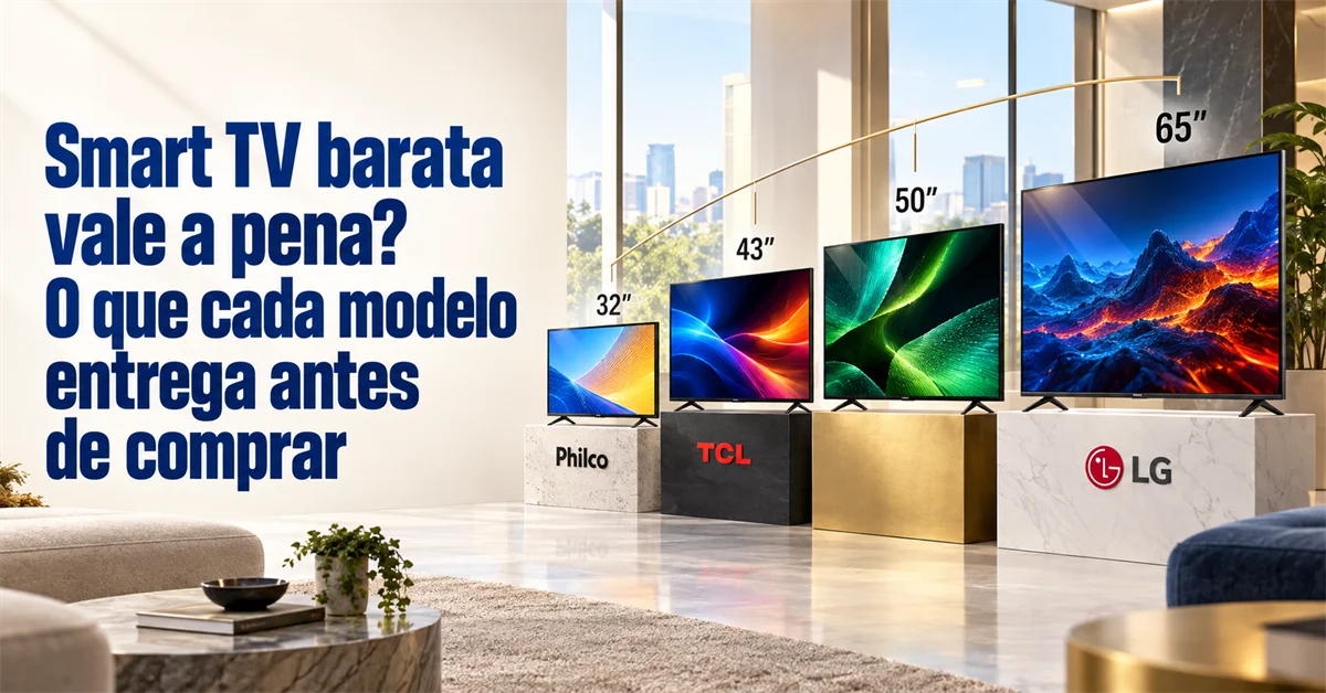 Quatro Smart TVs de tamanhos crescentes, de 32 a 65 polegadas, expostas em pedestais das marcas Philco, TCL e LG