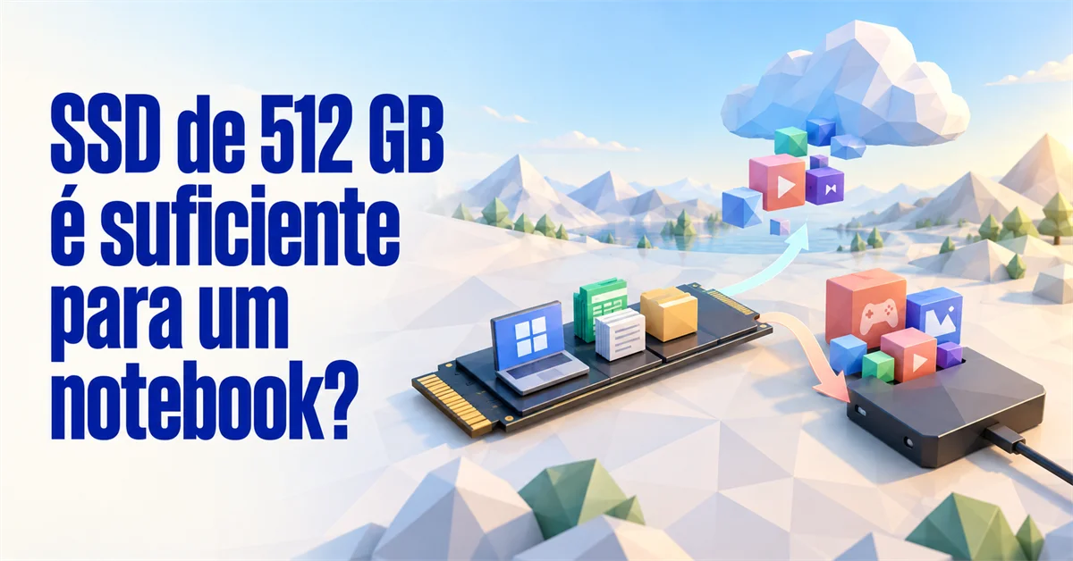 Pente de memória SSD com ícones de programas subindo para uma nuvem e descendo para um HD externo