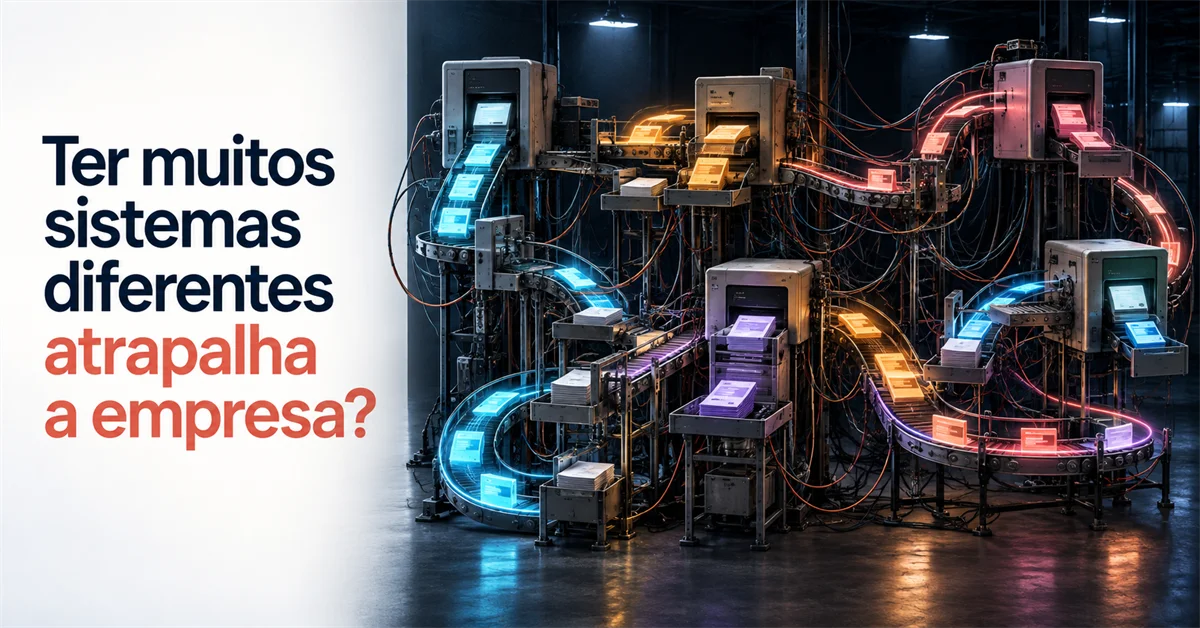 Máquina industrial com esteiras luminosas de cores diferentes carregando documentos entre estações conectadas por fios emaranhados