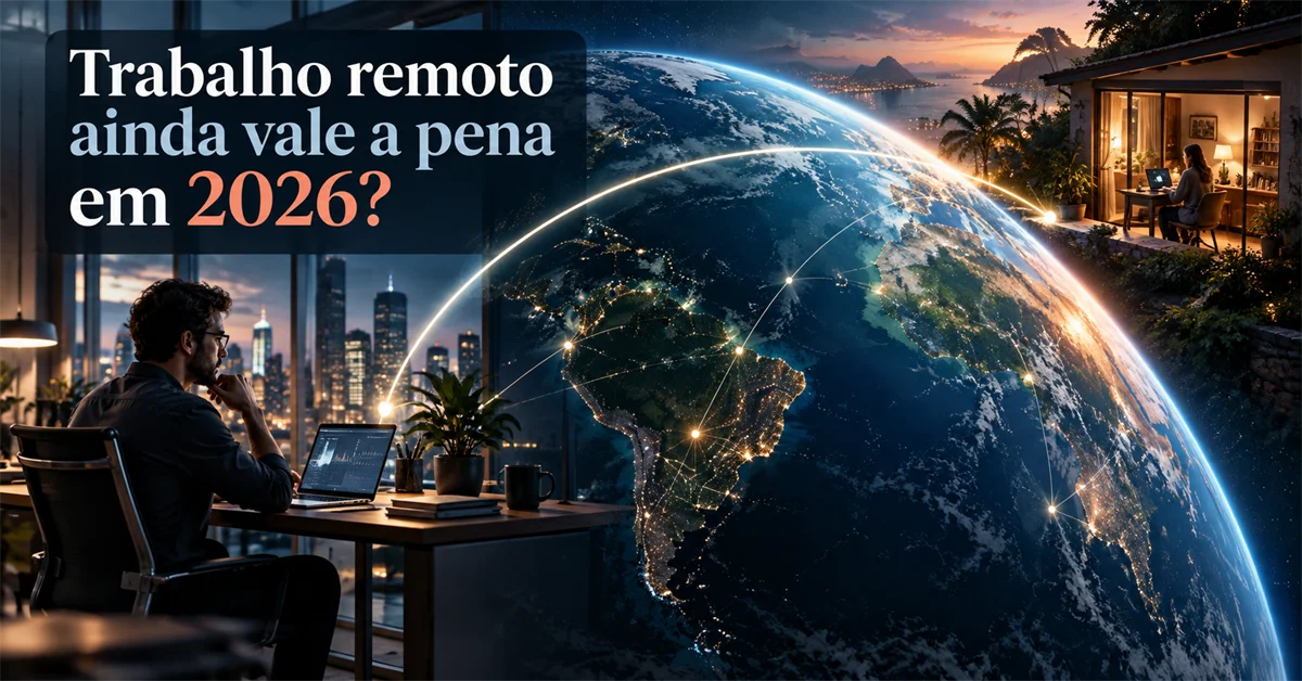 Linha luminosa cruza o globo ligando um escritório na cidade a uma casa à beira-mar onde alguém trabalha remotamente