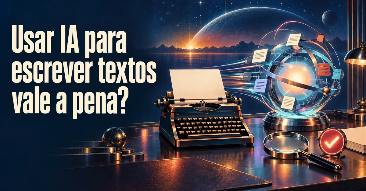Máquina de escrever antiga envia uma folha para uma esfera luminosa de documentos conectados, com lupa e selo de aprovado na mesa