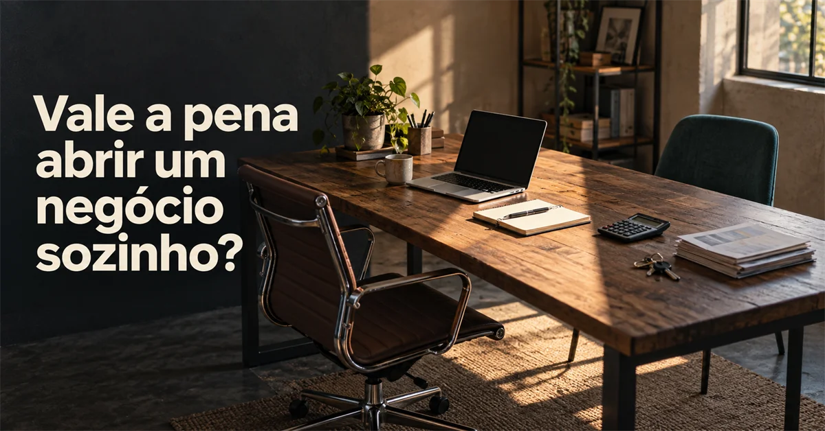 Mesa de home office vazia, iluminada pelo sol, com notebook fechado, calculadora, chaves e um caderno de anotações
