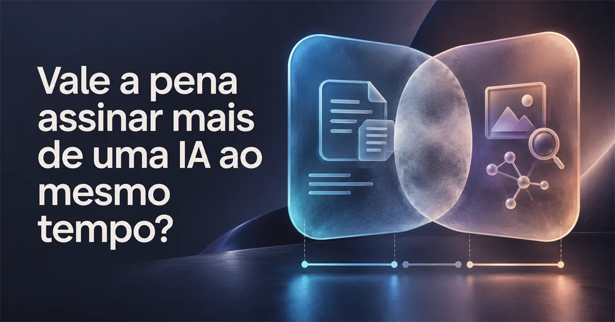 Dois painéis translúcidos frente a frente: um com ícones de documento de texto, outro com imagem e rede de busca, separados por uma esfera