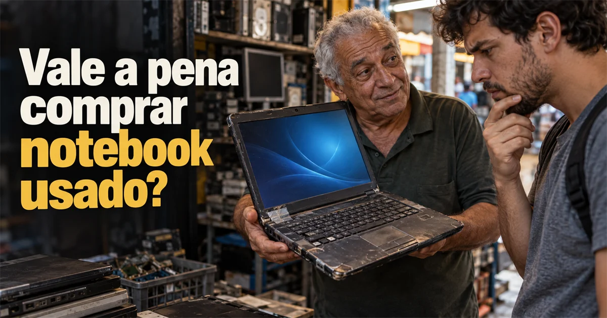 Vendedor mostra um notebook usado e desgastado, ligado, para um cliente em uma banca de eletrônicos usados