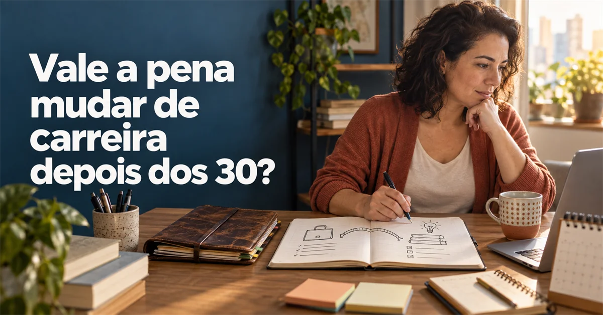Mulher desenha no caderno uma ponte ligando o ícone de uma maleta a uma lâmpada, com listas de verificação nas duas pontas