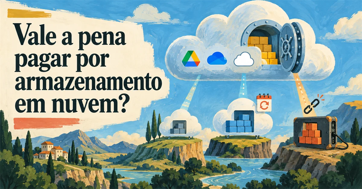 Paisagem pintada com um cofre-nuvem aberto derramando blocos sobre penhascos com os ícones de Google Drive, OneDrive e iCloud, e um HD trancado à parte