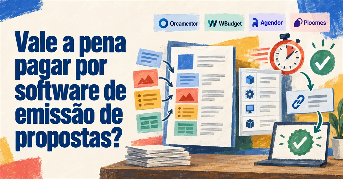 Blocos de texto, imagem e tabela se organizam em um documento de proposta, com cronômetro, selo de aprovado e os logotipos de quatro fornecedores