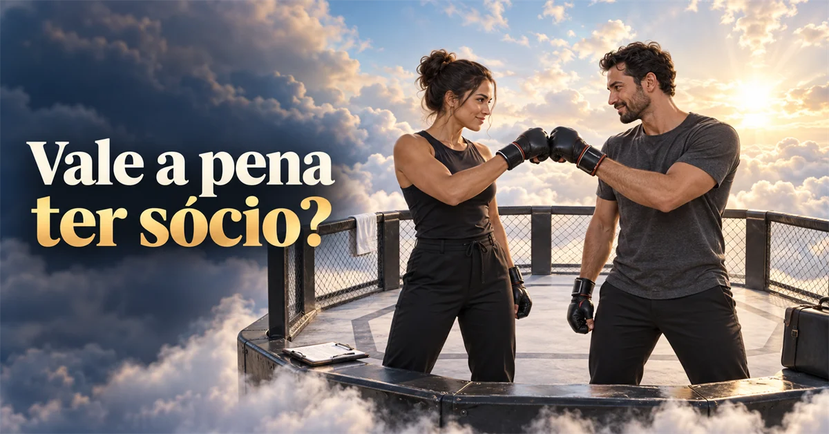 Duas pessoas de luvas de boxe batem os punhos sobre um ringue acima das nuvens, com uma maleta ao lado