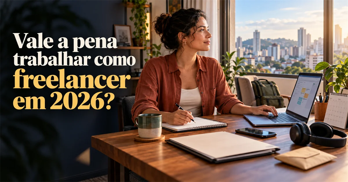 Mulher no home office olha pensativa para a paisagem urbana ao lado do notebook, fone de ouvido e agenda sobre a mesa