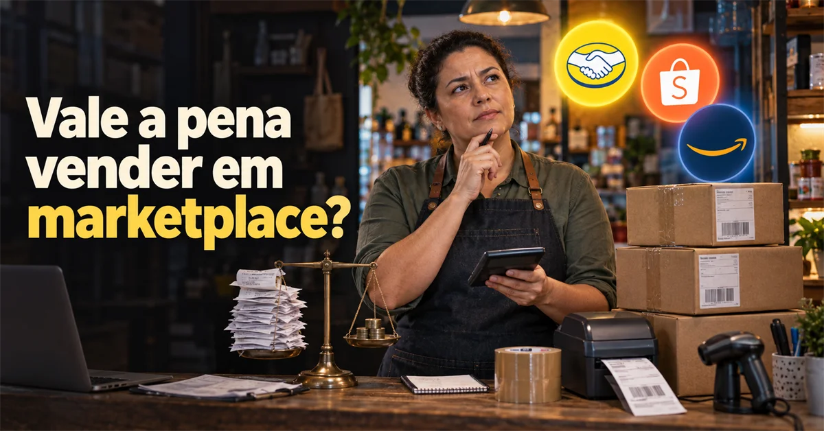 Lojista confere o celular entre caixas embaladas e uma balança com recibos, sob os logotipos de três marketplaces