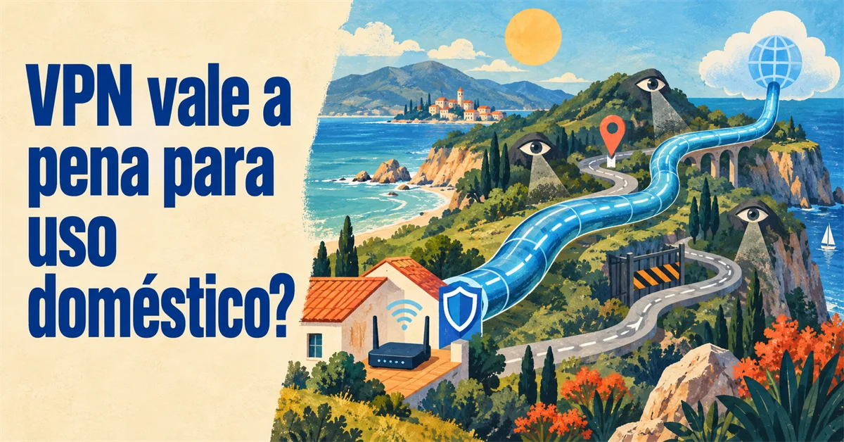 Túnel digital liga uma casa a uma nuvem global por uma paisagem costeira vigiada por olhos, representando o rastreamento evitado por uma VPN