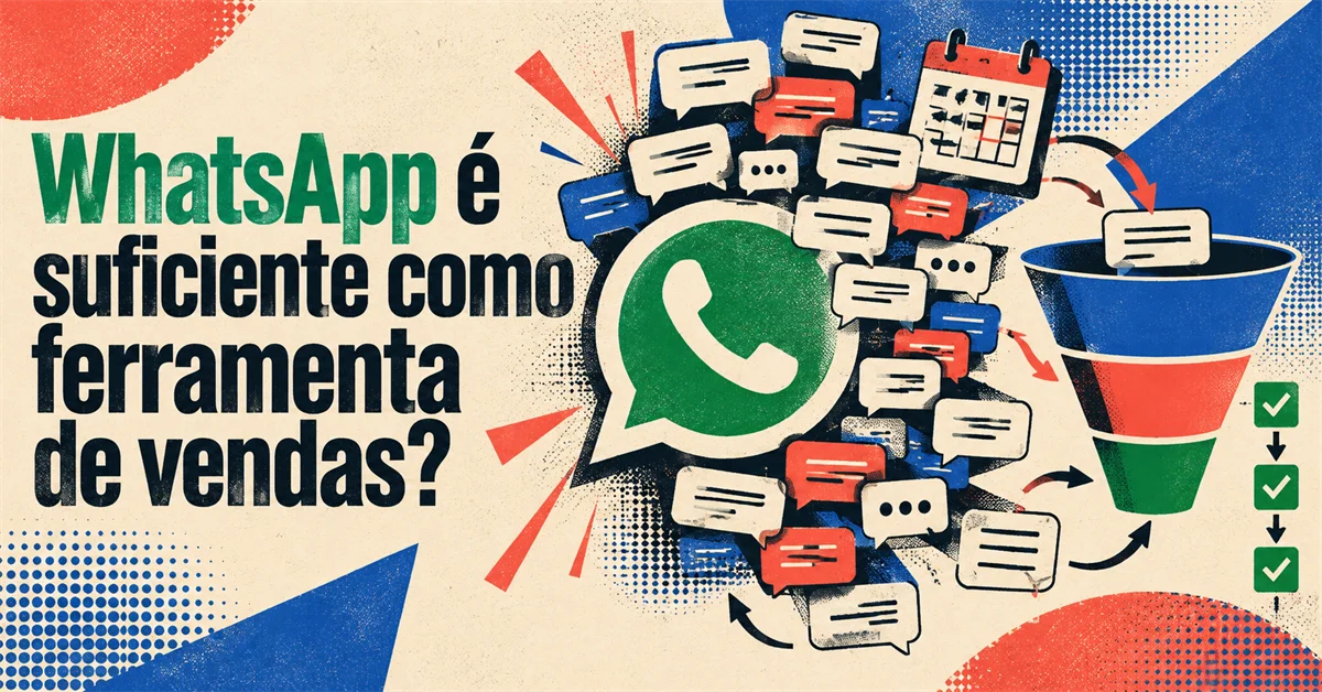 Ícone do WhatsApp cercado por dezenas de balões de conversa despejando em um funil de vendas com etapas marcadas por checkmarks